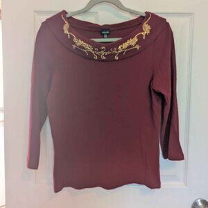 Rafaella Size Large Burgundy w/ Gold Sequined Collar Top